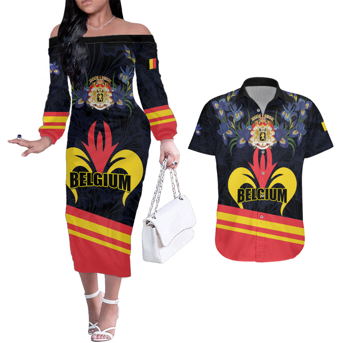 Personalized Belgium Iris Day Couples Matching Off The Shoulder Long Sleeve Dress and Hawaiian Shirt Royaume de Belgique Coat Of Arms - Wonder Print Shop