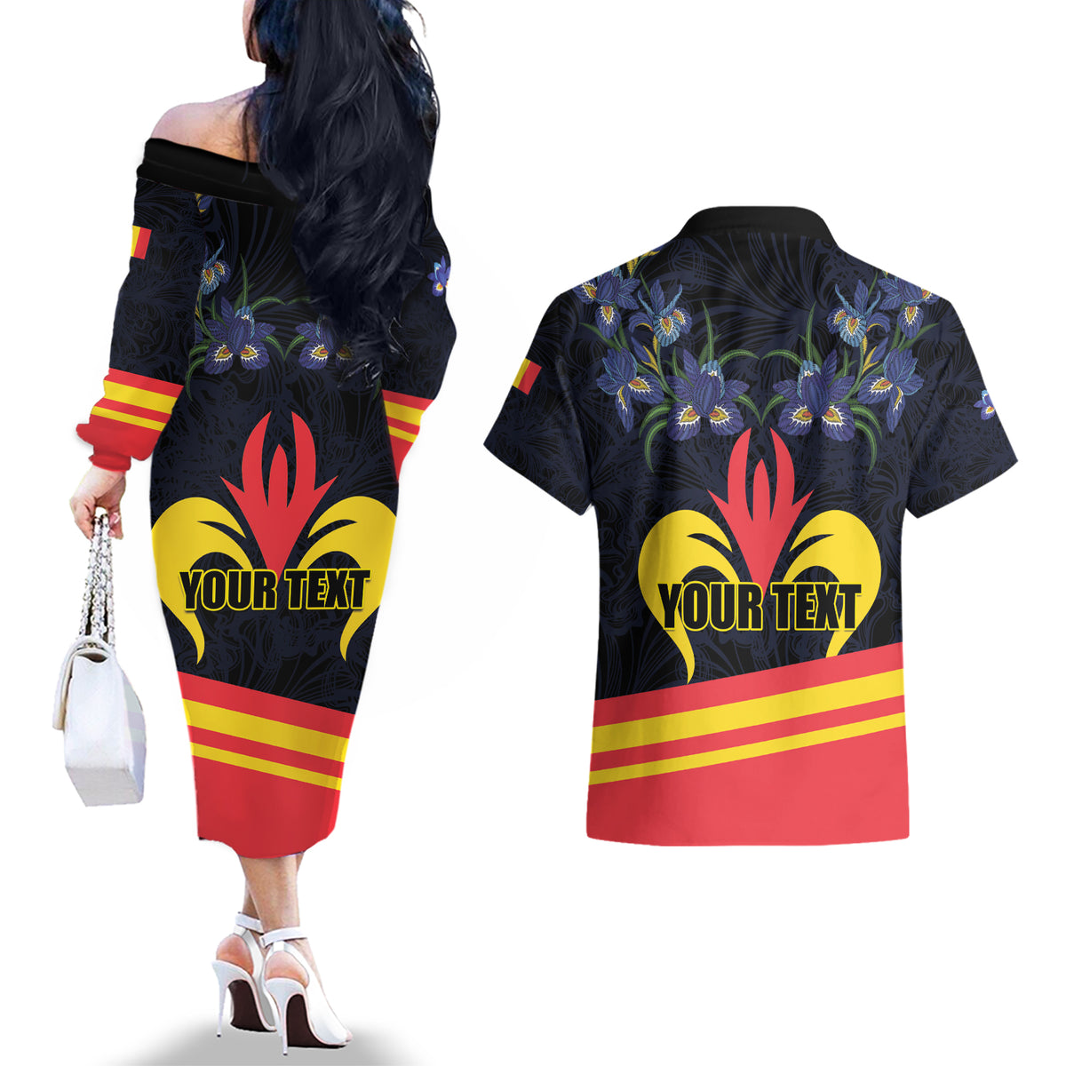 Personalized Belgium Iris Day Couples Matching Off The Shoulder Long Sleeve Dress and Hawaiian Shirt Royaume de Belgique Coat Of Arms - Wonder Print Shop