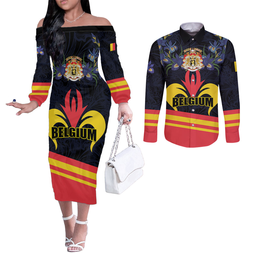 Personalized Belgium Iris Day Couples Matching Off The Shoulder Long Sleeve Dress and Long Sleeve Button Shirt Royaume de Belgique Coat Of Arms