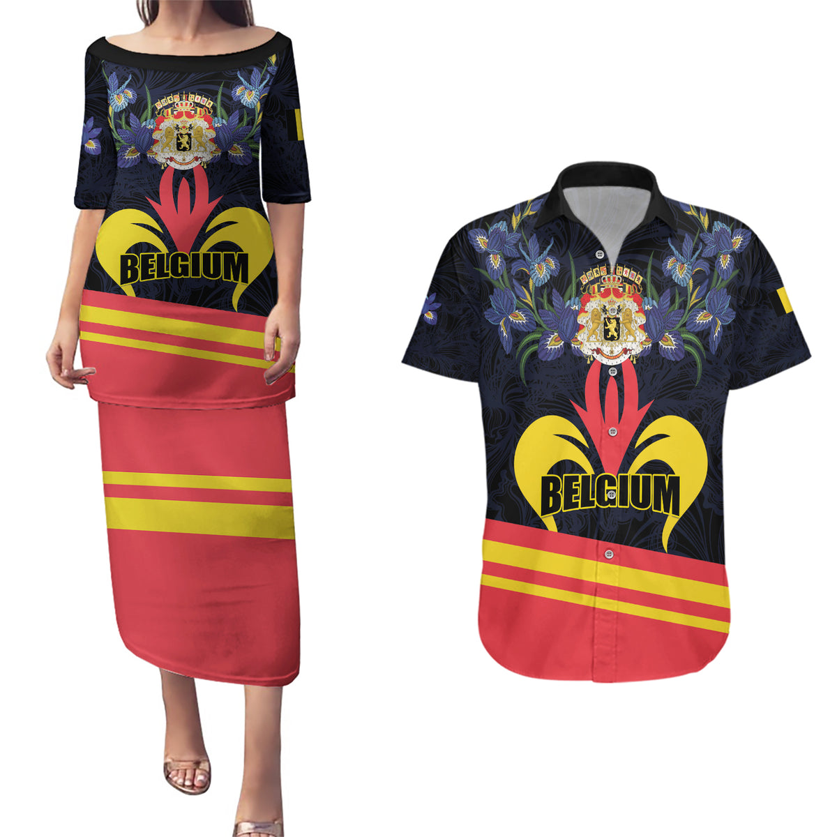 Personalized Belgium Iris Day Couples Matching Puletasi and Hawaiian Shirt Royaume de Belgique Coat Of Arms - Wonder Print Shop