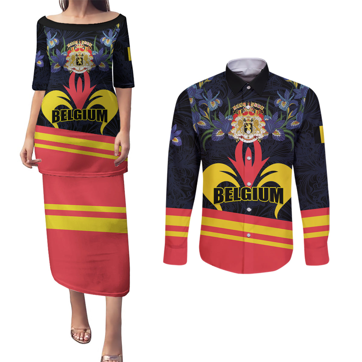 Personalized Belgium Iris Day Couples Matching Puletasi and Long Sleeve Button Shirt Royaume de Belgique Coat Of Arms - Wonder Print Shop