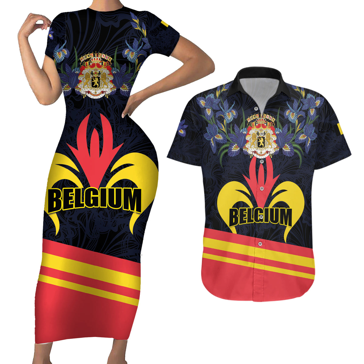 Personalized Belgium Iris Day Couples Matching Short Sleeve Bodycon Dress and Hawaiian Shirt Royaume de Belgique Coat Of Arms - Wonder Print Shop