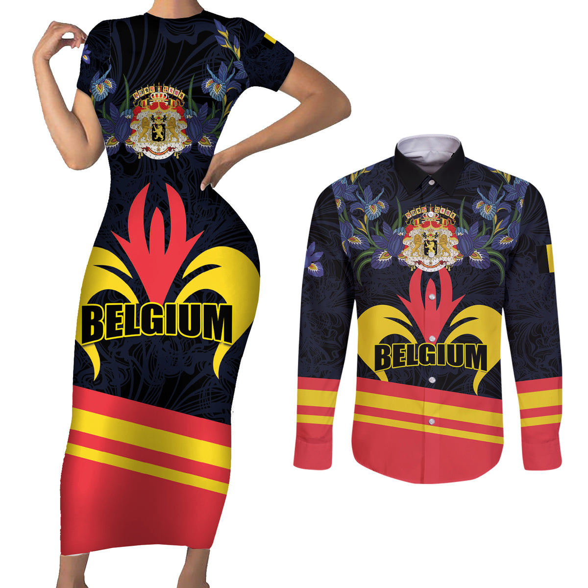 Personalized Belgium Iris Day Couples Matching Short Sleeve Bodycon Dress and Long Sleeve Button Shirt Royaume de Belgique Coat Of Arms - Wonder Print Shop