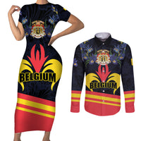 Personalized Belgium Iris Day Couples Matching Short Sleeve Bodycon Dress and Long Sleeve Button Shirt Royaume de Belgique Coat Of Arms - Wonder Print Shop