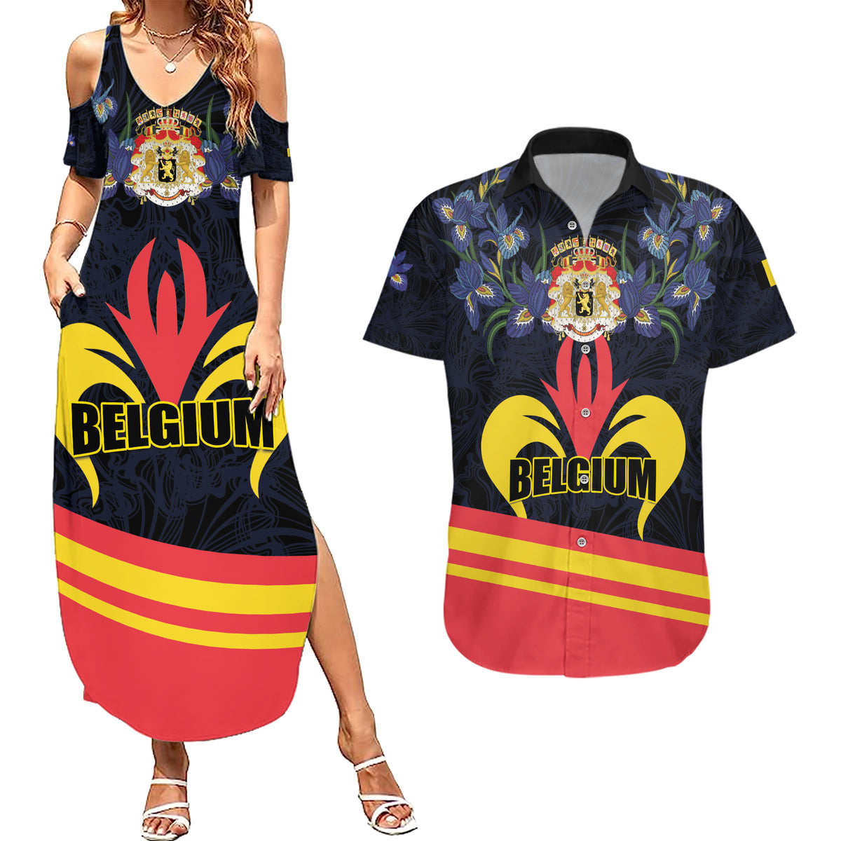 Personalized Belgium Iris Day Couples Matching Summer Maxi Dress and Hawaiian Shirt Royaume de Belgique Coat Of Arms - Wonder Print Shop