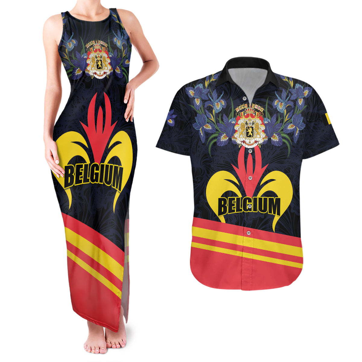 Personalized Belgium Iris Day Couples Matching Tank Maxi Dress and Hawaiian Shirt Royaume de Belgique Coat Of Arms - Wonder Print Shop