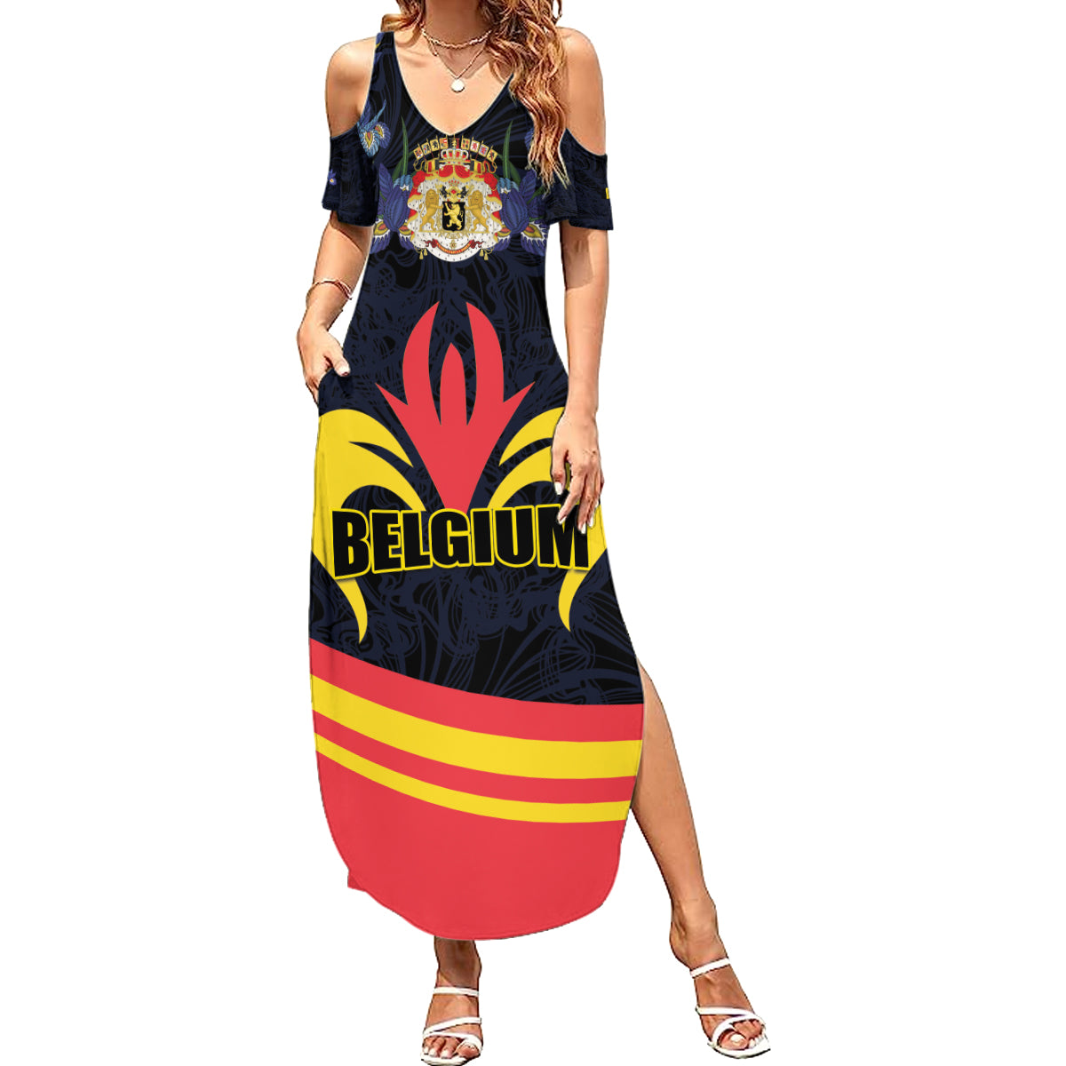 Personalized Belgium Iris Day Family Matching Summer Maxi Dress and Hawaiian Shirt Royaume de Belgique Coat Of Arms - Wonder Print Shop