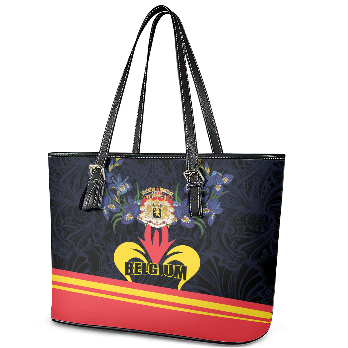 Belgium Iris Day Leather Tote Bag Royaume de Belgique Coat Of Arms - Wonder Print Shop