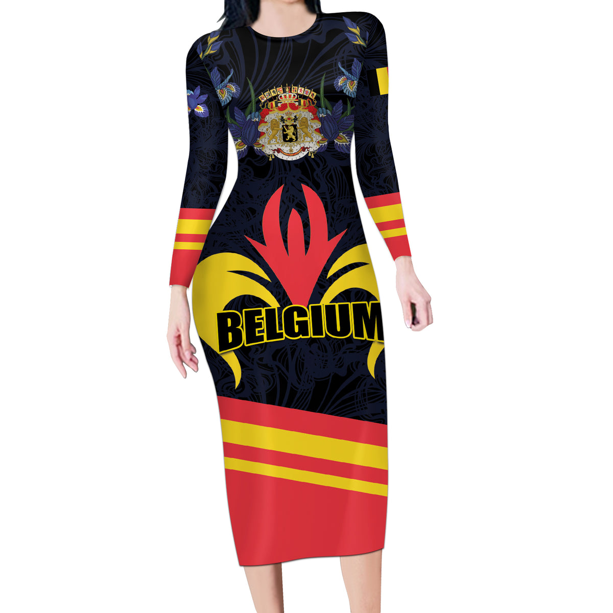 Personalized Belgium Iris Day Long Sleeve Bodycon Dress Royaume de Belgique Coat Of Arms - Wonder Print Shop