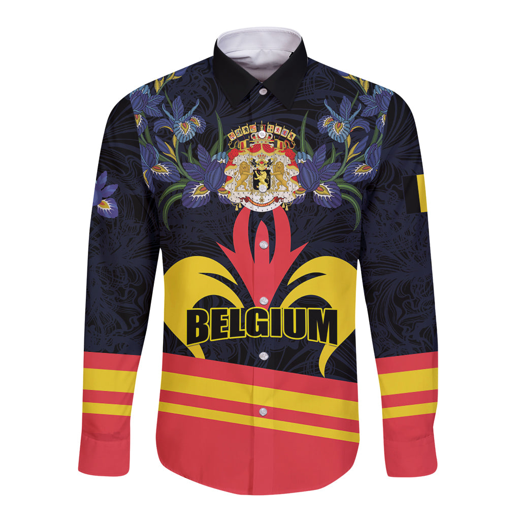 Personalized Belgium Iris Day Long Sleeve Button Shirt Royaume de Belgique Coat Of Arms - Wonder Print Shop