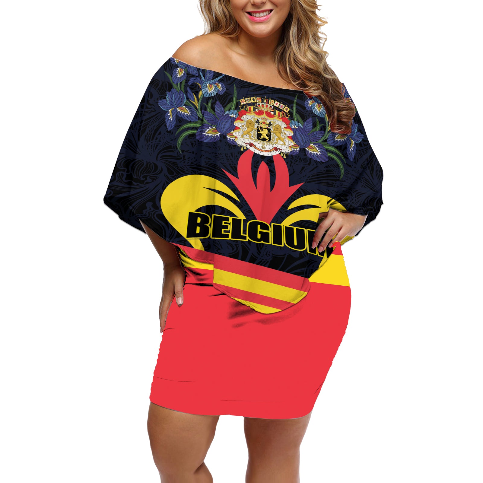 Personalized Belgium Iris Day Off Shoulder Short Dress Royaume de Belgique Coat Of Arms - Wonder Print Shop