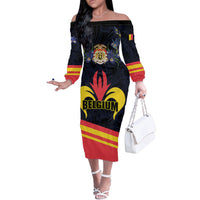 Personalized Belgium Iris Day Off The Shoulder Long Sleeve Dress Royaume de Belgique Coat Of Arms - Wonder Print Shop
