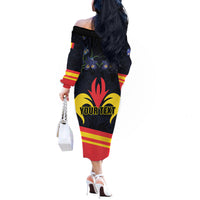 Personalized Belgium Iris Day Off The Shoulder Long Sleeve Dress Royaume de Belgique Coat Of Arms - Wonder Print Shop