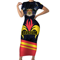 Personalized Belgium Iris Day Short Sleeve Bodycon Dress Royaume de Belgique Coat Of Arms - Wonder Print Shop