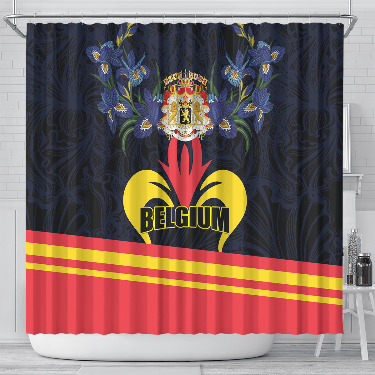 Belgium Iris Day Shower Curtain Royaume de Belgique Coat Of Arms
