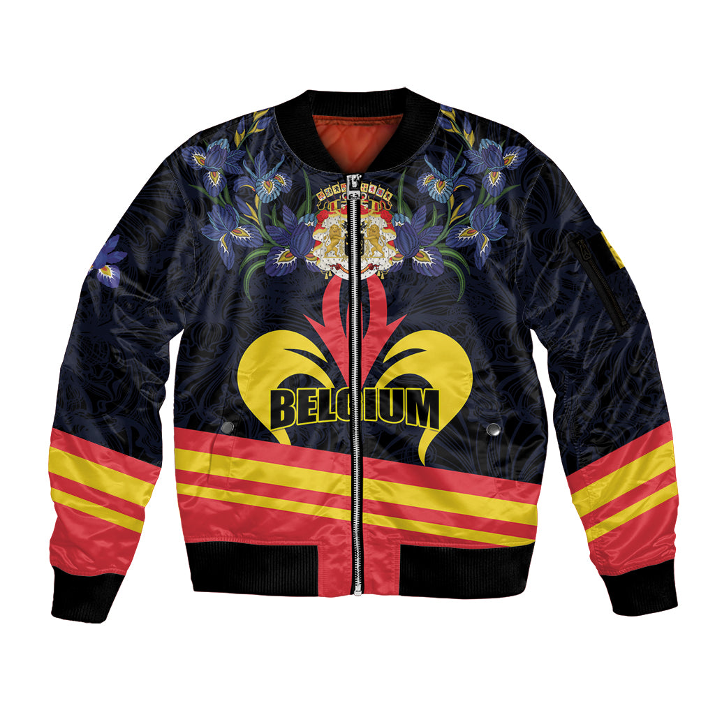 Personalized Belgium Iris Day Sleeve Zip Bomber Jacket Royaume de Belgique Coat Of Arms - Wonder Print Shop