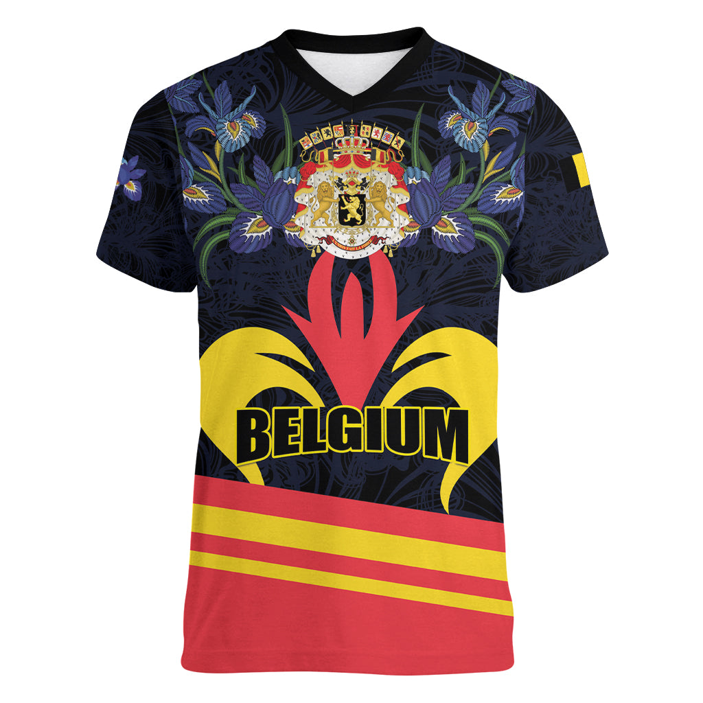 Personalized Belgium Iris Day Women V-Neck T-Shirt Royaume de Belgique Coat Of Arms - Wonder Print Shop
