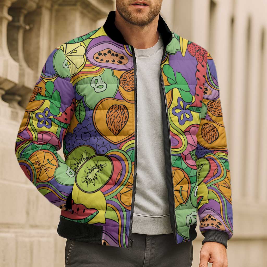 Hawaii Fruits Hippie Style Bomber Puffer Jacket Vibrant Colorful