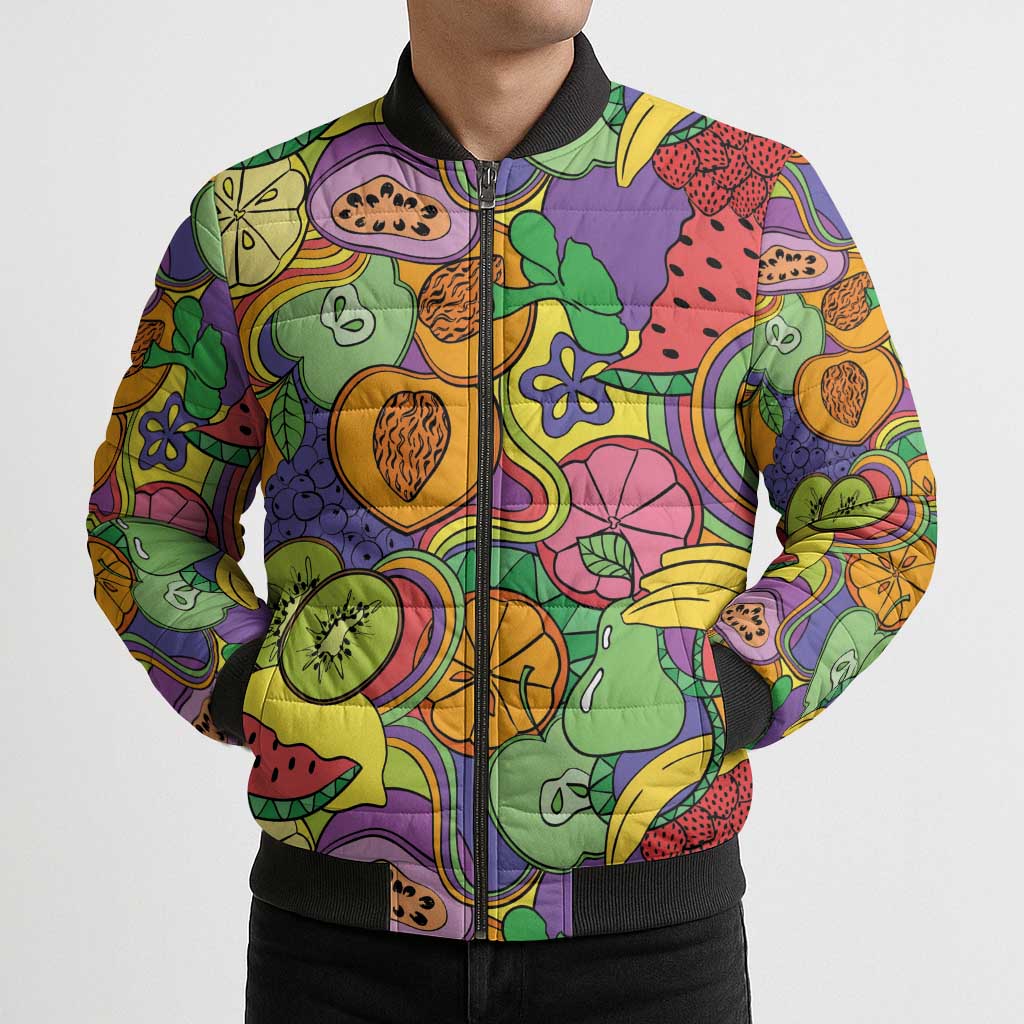 Hawaii Fruits Hippie Style Bomber Puffer Jacket Vibrant Colorful