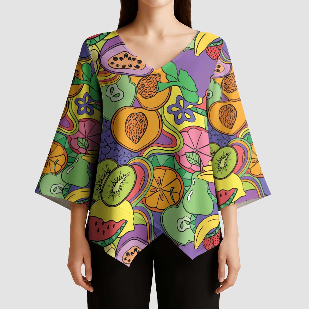 Hawaii Fruits Hippie Style Kimono Sleeve Blouse Vibrant Colorful