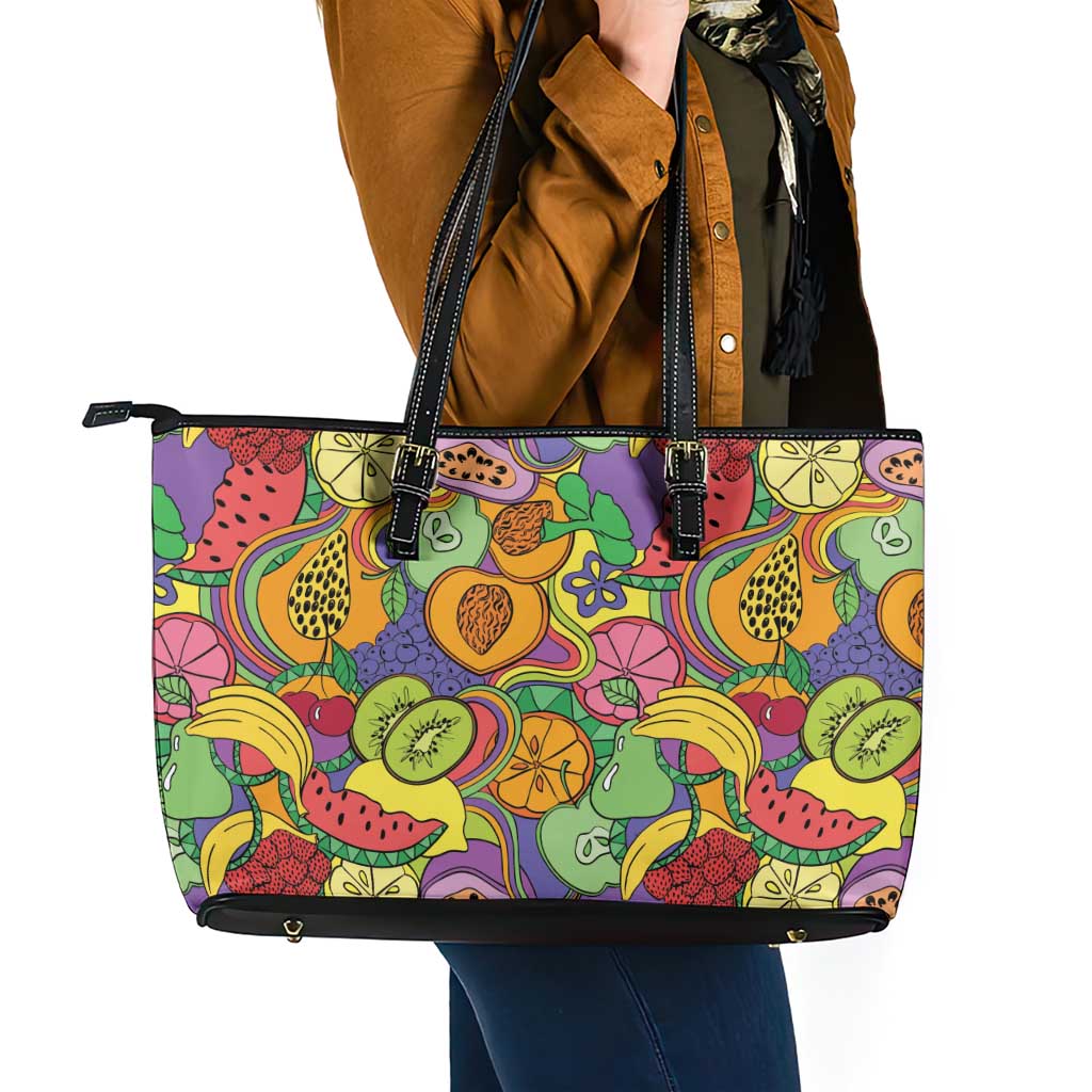 Hawaii Fruits Hippie Style Leather Tote Bag Vibrant Colorful