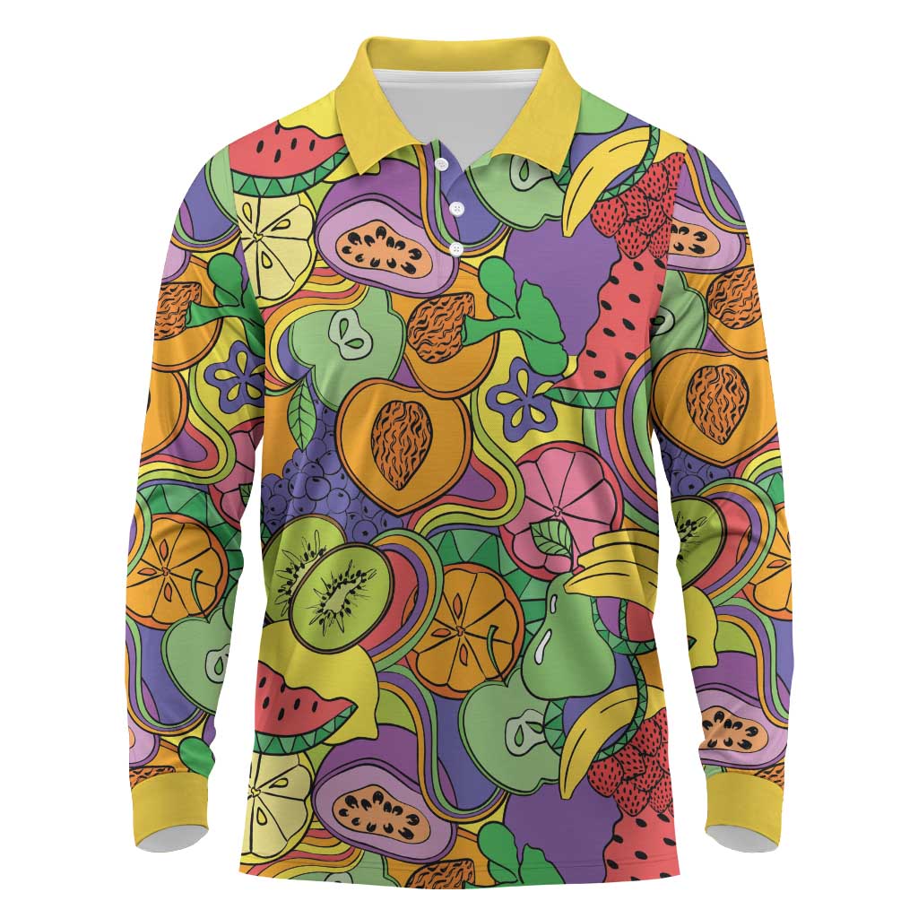 Hawaii Fruits Hippie Style Long Sleeve Polo Shirt Vibrant Colorful