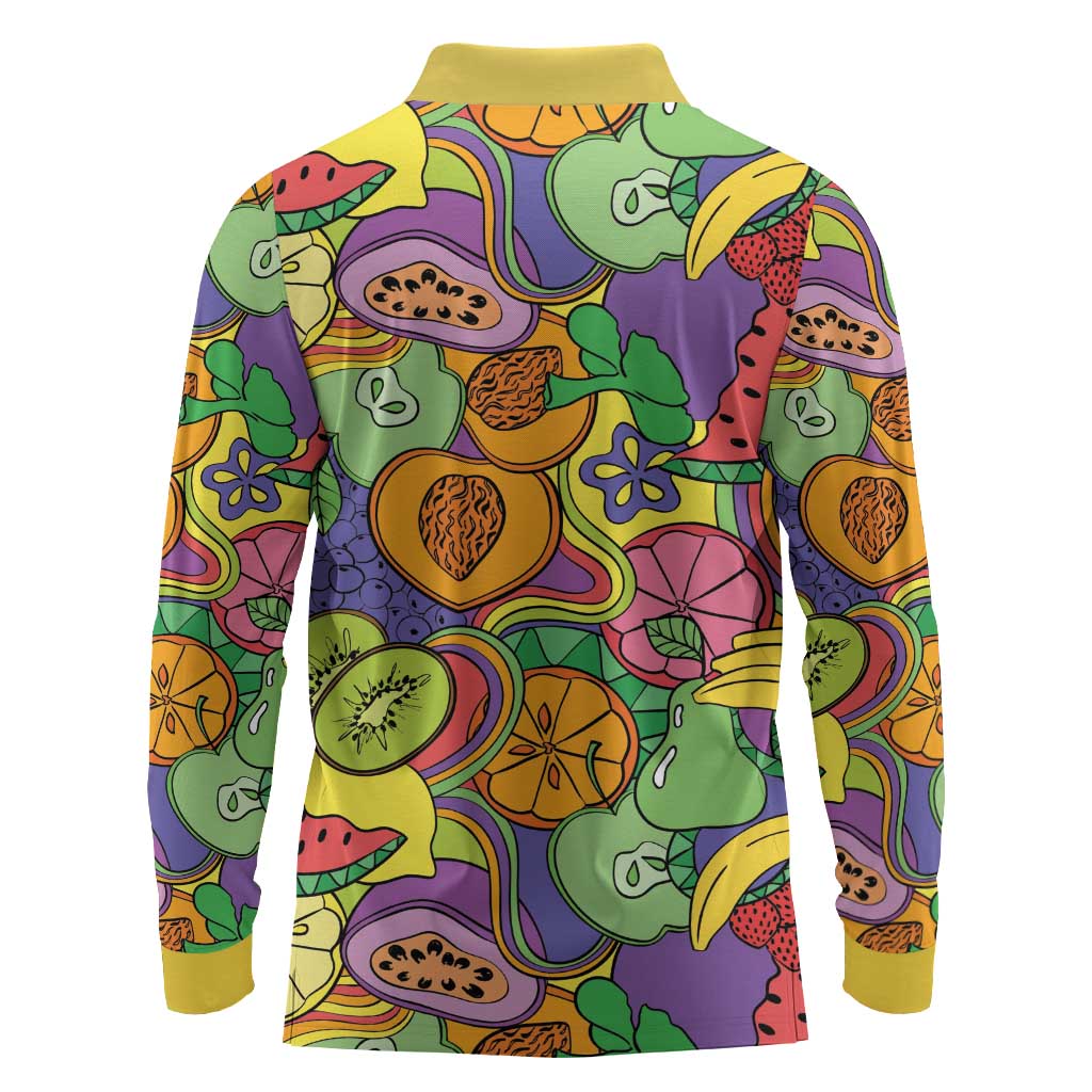 Hawaii Fruits Hippie Style Long Sleeve Polo Shirt Vibrant Colorful