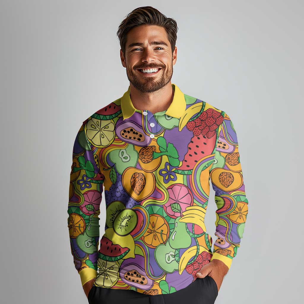 Hawaii Fruits Hippie Style Long Sleeve Polo Shirt Vibrant Colorful