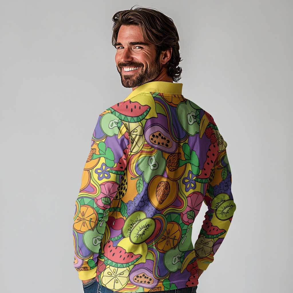 Hawaii Fruits Hippie Style Long Sleeve Polo Shirt Vibrant Colorful