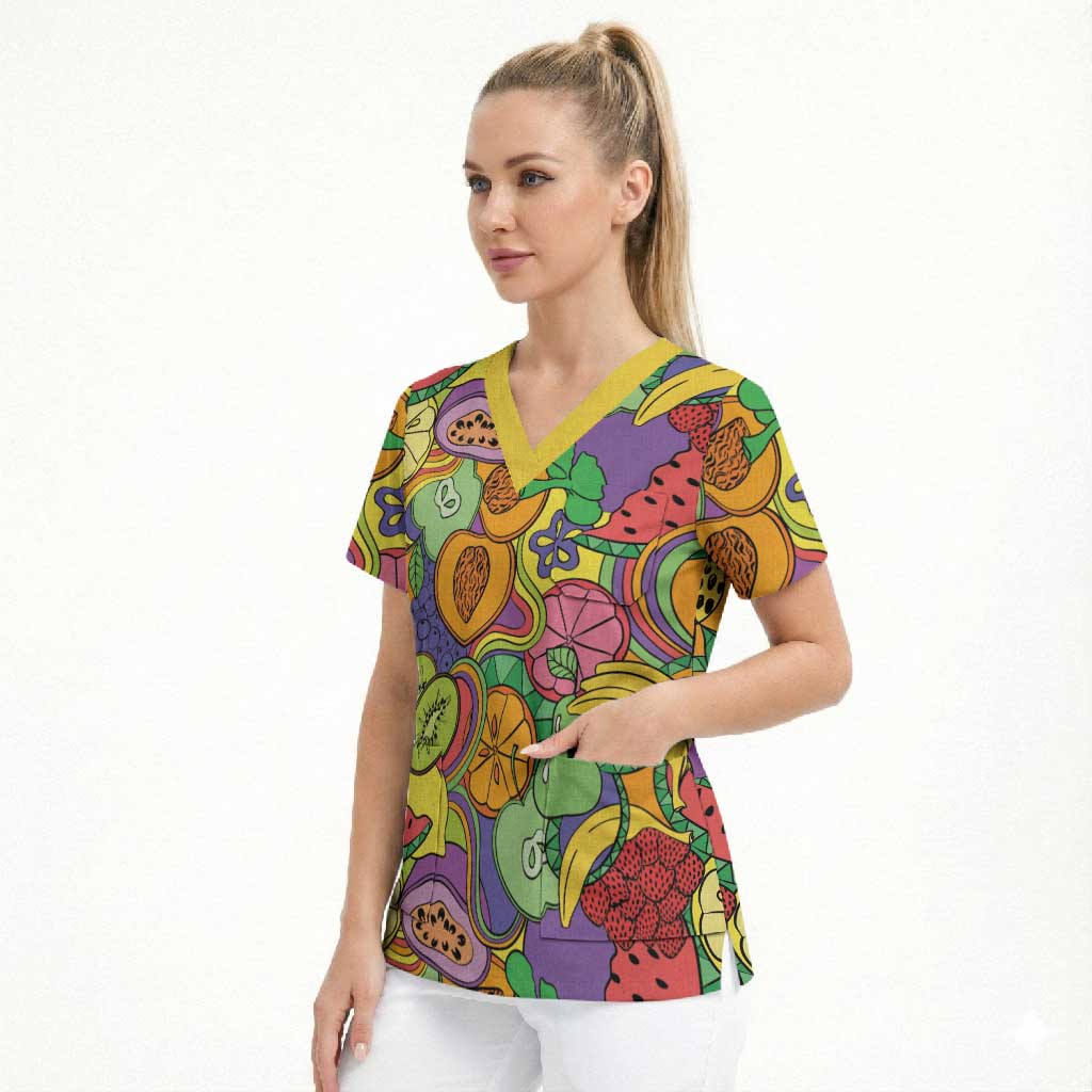 Hawaii Fruits Hippie Style Scrub Top Vibrant Colorful