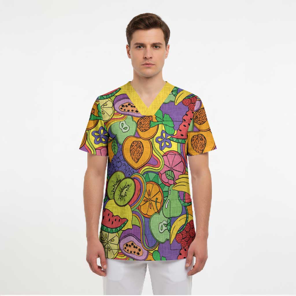 Hawaii Fruits Hippie Style Scrub Top Vibrant Colorful