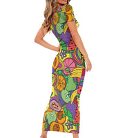 Hawaii Fruits Hippie Style Short Sleeve Bodycon Dress Vibrant Colorful