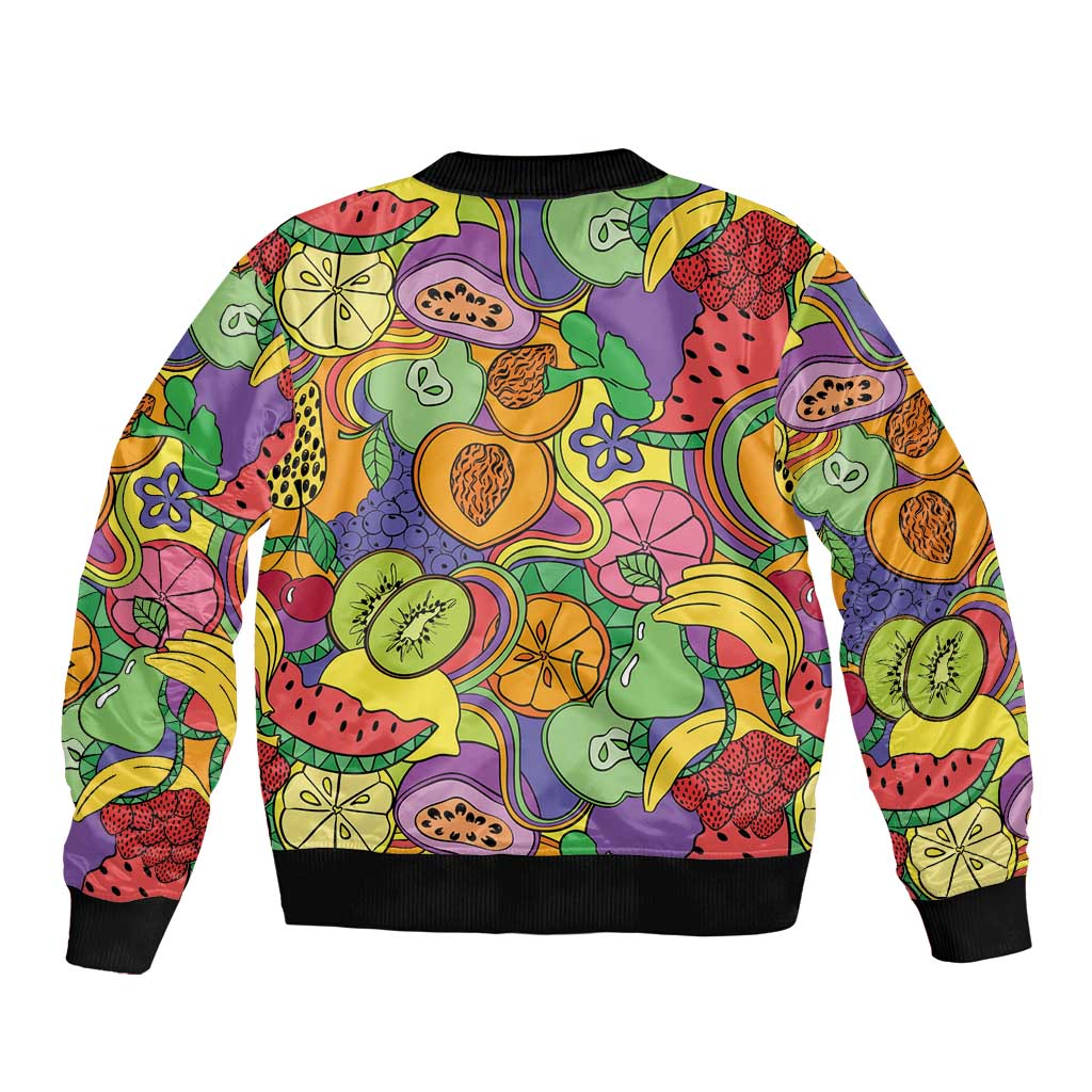 Hawaii Fruits Hippie Style Sleeve Zip Bomber Jacket Vibrant Colorful