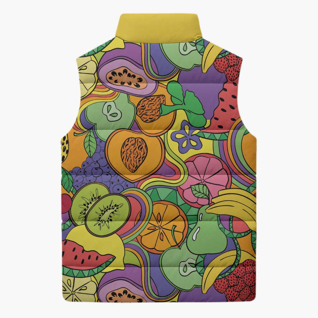 Hawaii Fruits Hippie Style Sleeveless Puffer Jacket Vibrant Colorful