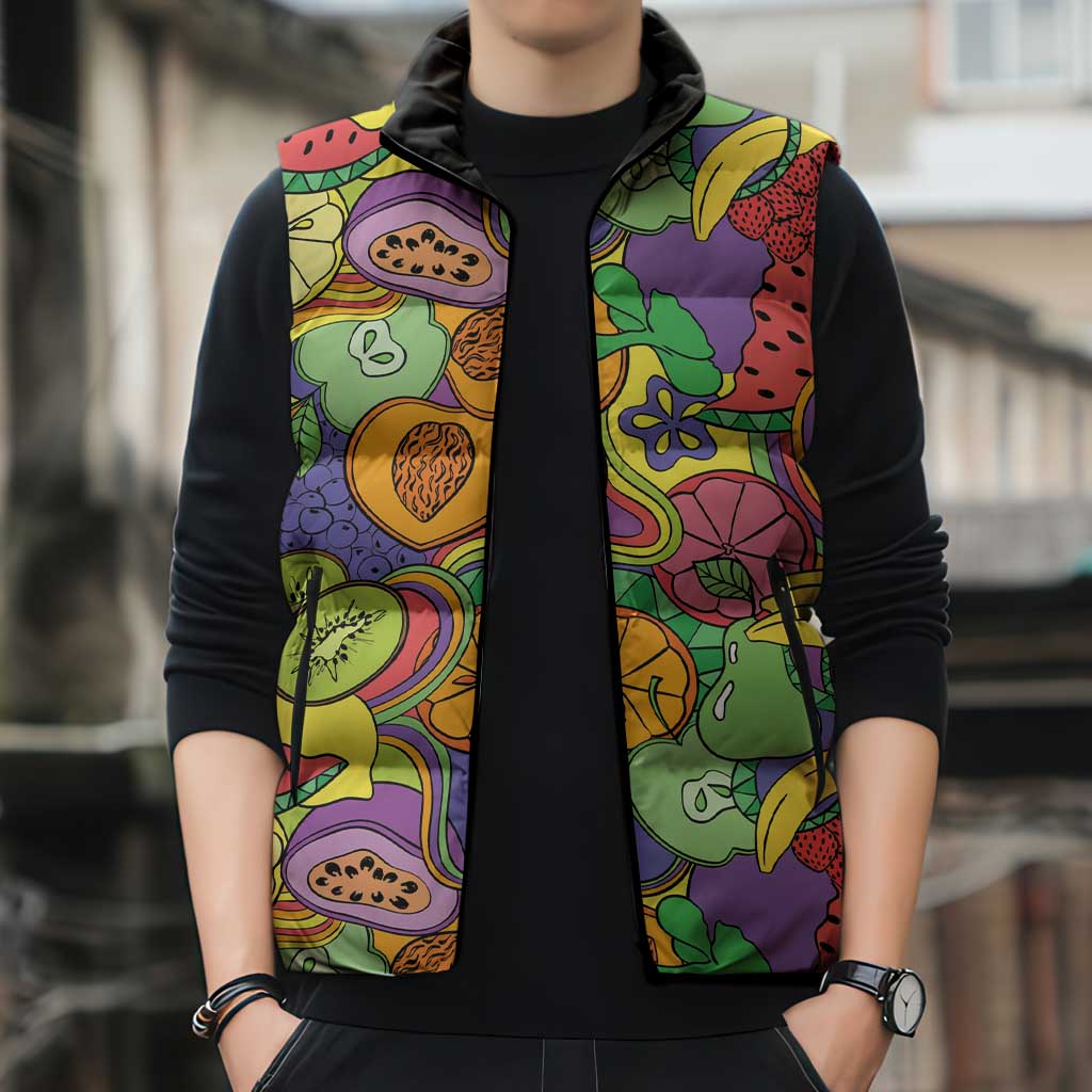 Hawaii Fruits Hippie Style Sleeveless Puffer Jacket Vibrant Colorful