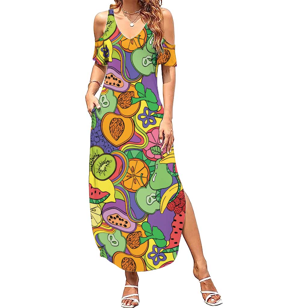 Hawaii Fruits Hippie Style Summer Maxi Dress Vibrant Colorful