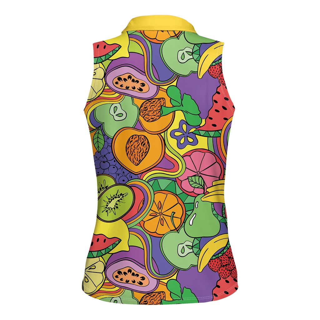 Hawaii Fruits Hippie Style Women Sleeveless Polo Shirt Vibrant Colorful