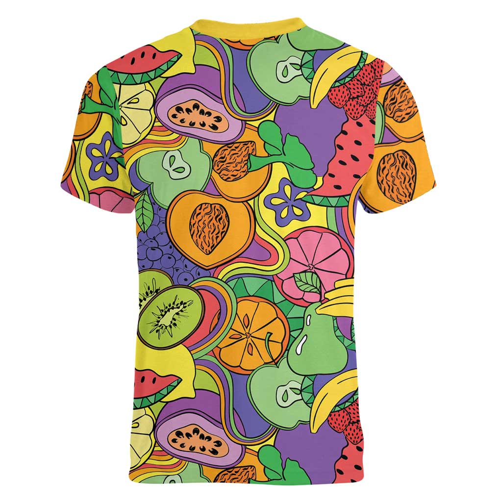 Hawaii Fruits Hippie Style Women V-Neck T-Shirt Vibrant Colorful