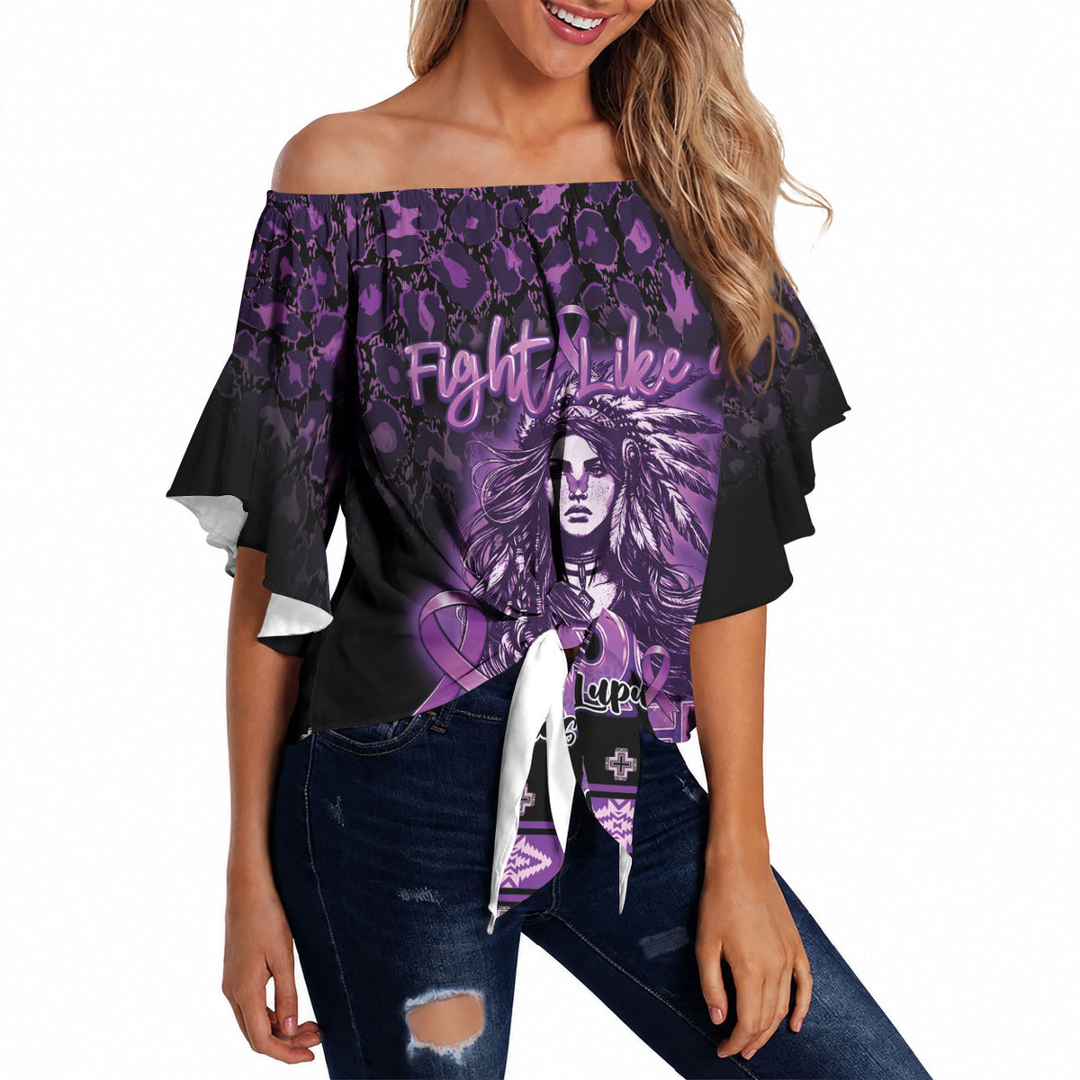 Personalized Native American Lupus Girl Off Shoulder Wrap Waist Top Fight Like a Queen