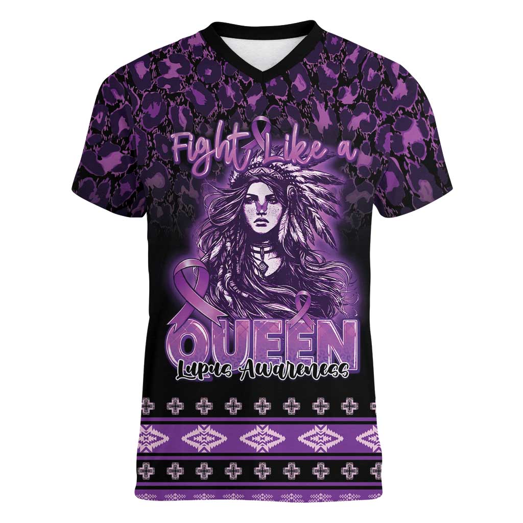 Personalized Native American Lupus Girl Women V-Neck T-Shirt Fight Like a Queen