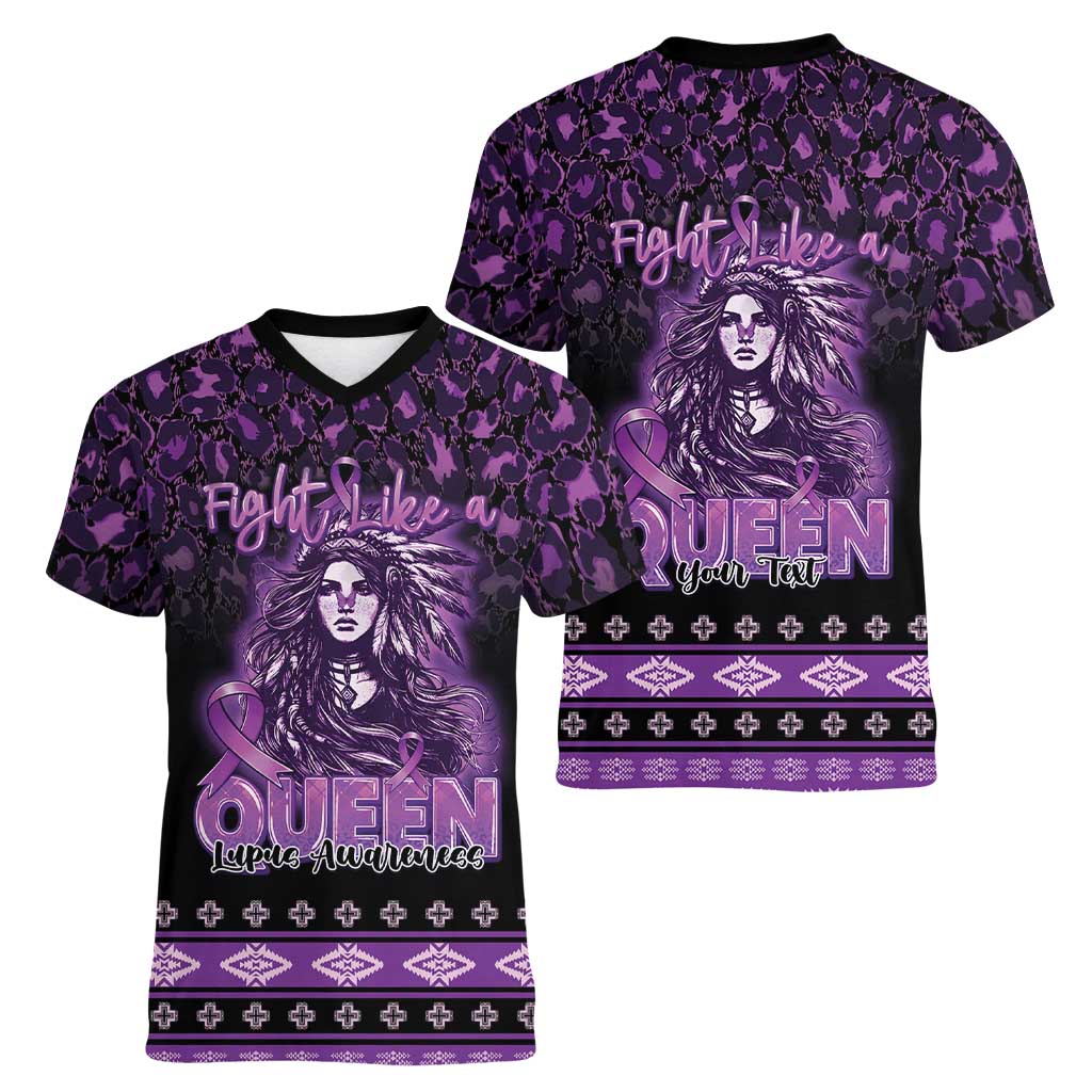 Personalized Native American Lupus Girl Women V-Neck T-Shirt Fight Like a Queen