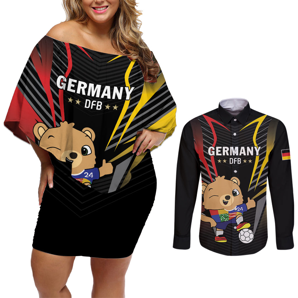 Personalized Germany 2024 Football Couples Matching Off Shoulder Short Dress and Long Sleeve Button Shirt DFB Team Black Version - Wonder Print Shop