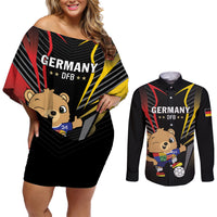 Personalized Germany 2024 Football Couples Matching Off Shoulder Short Dress and Long Sleeve Button Shirt DFB Team Black Version - Wonder Print Shop