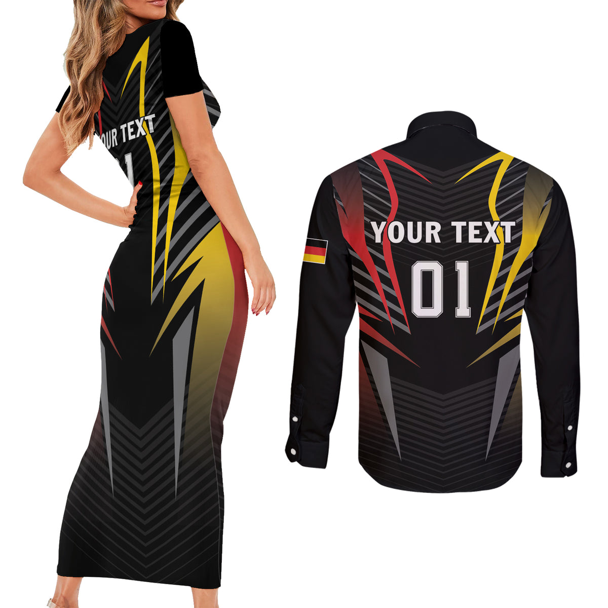 Personalized Germany 2024 Football Couples Matching Short Sleeve Bodycon Dress and Long Sleeve Button Shirt DFB Team Black Version - Wonder Print Shop