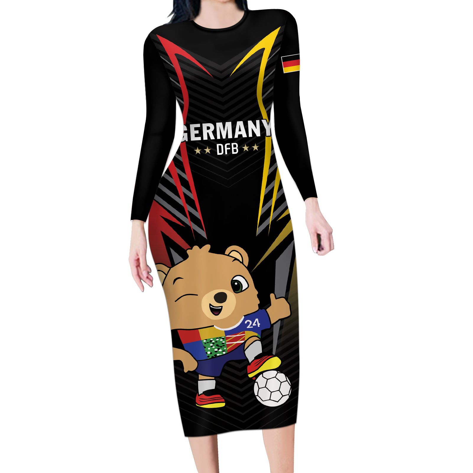 Personalized Germany 2024 Football Long Sleeve Bodycon Dress DFB Team Black Version - Wonder Print Shop
