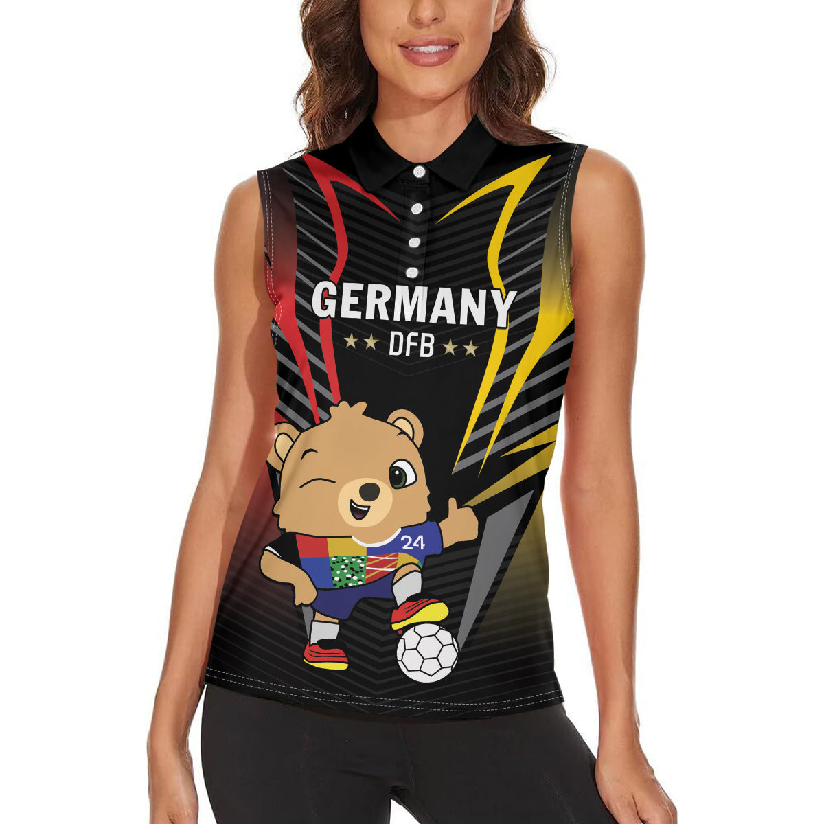 Personalized Germany 2024 Football Women Sleeveless Polo Shirt DFB Team Black Version - Wonder Print Shop