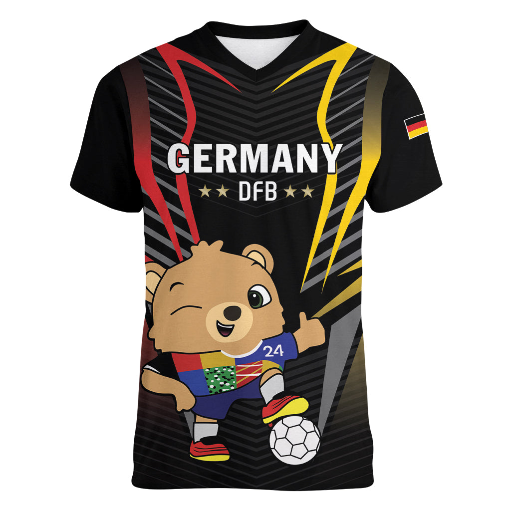 Personalized Germany 2024 Football Women V-Neck T-Shirt DFB Team Black Version - Wonder Print Shop