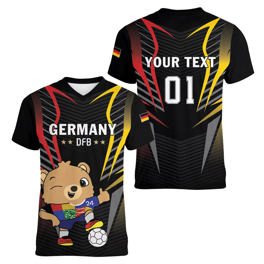 Personalized Germany 2024 Football Women V-Neck T-Shirt DFB Team Black Version - Wonder Print Shop