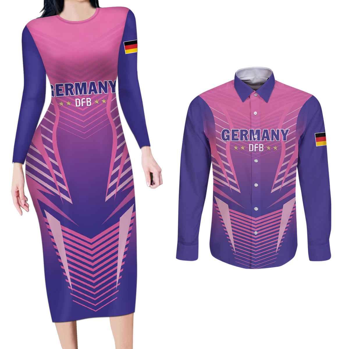 Personalized Germany 2024 Football Couples Matching Long Sleeve Bodycon Dress and Long Sleeve Button Shirt DFB Team Pink Version - Wonder Print Shop