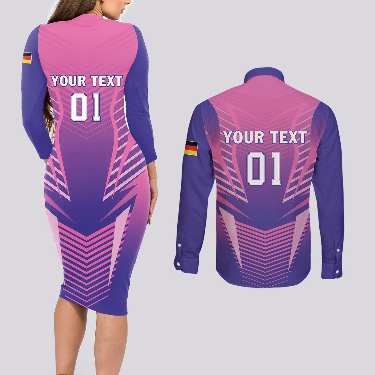 Personalized Germany 2024 Football Couples Matching Long Sleeve Bodycon Dress and Long Sleeve Button Shirt DFB Team Pink Version - Wonder Print Shop